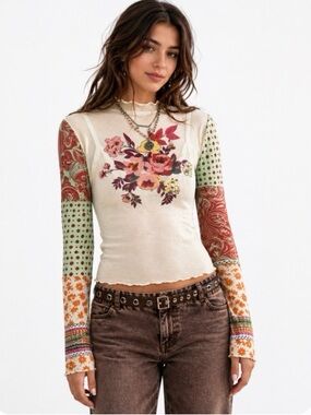 Floral Patchwork Long Sleeve Tee - Cream/Multi